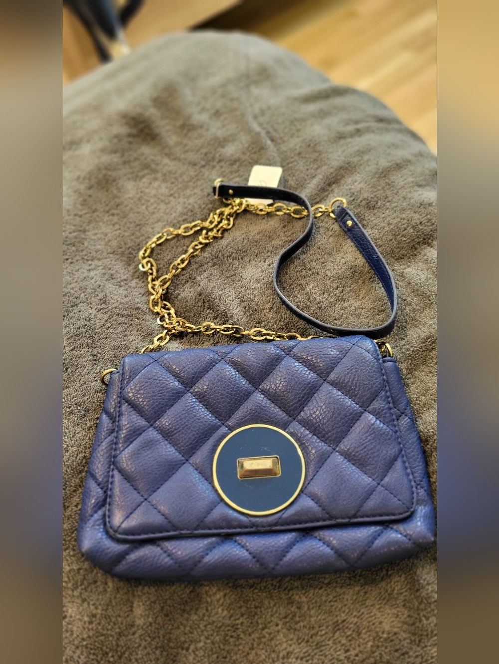 Quilted Navy Crossbody Shoulder Bag with Gold Chain